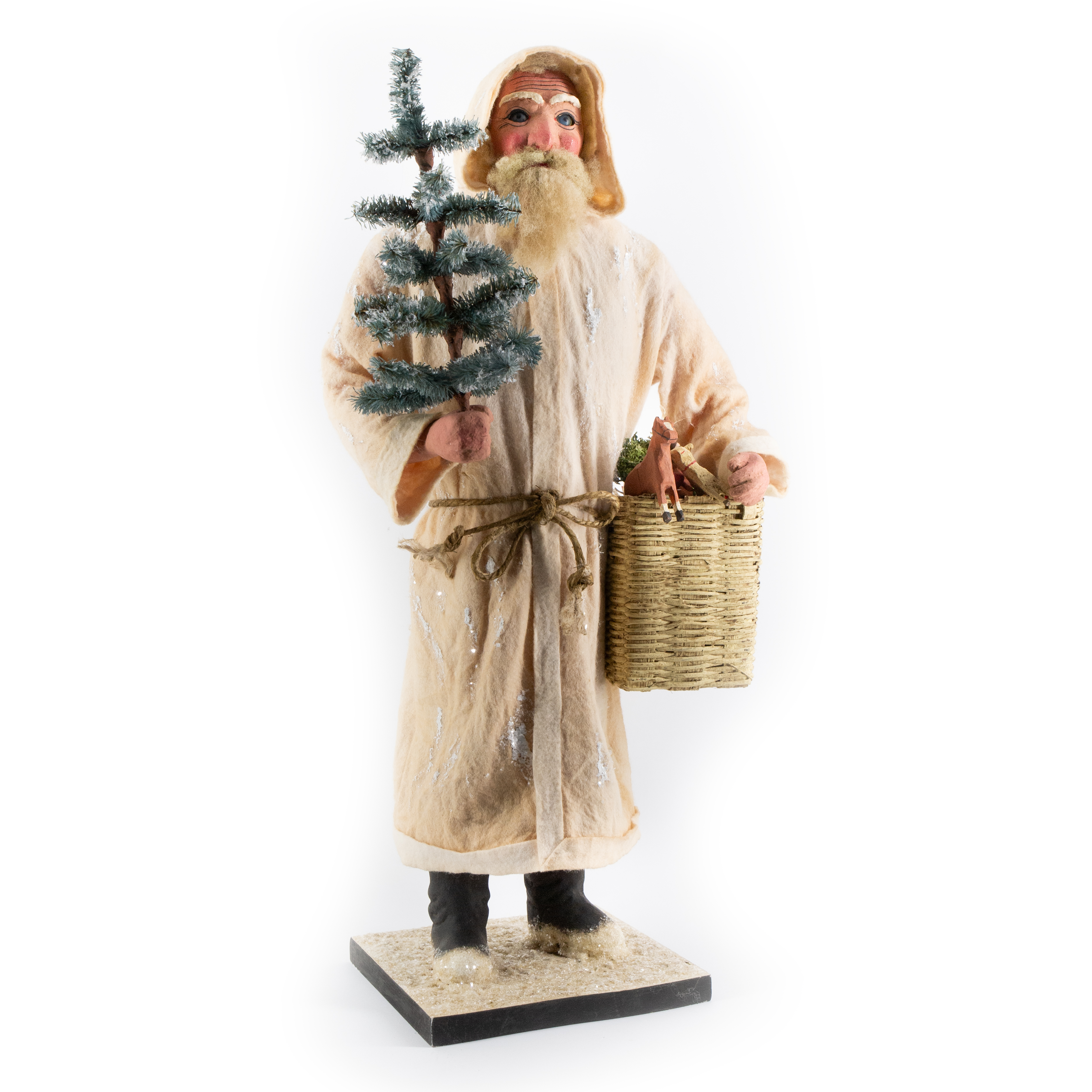 Weihnachtsmann mit weißem Filzmantel, Korb und Spielzeug, H=60cm, mit Füllfunktion