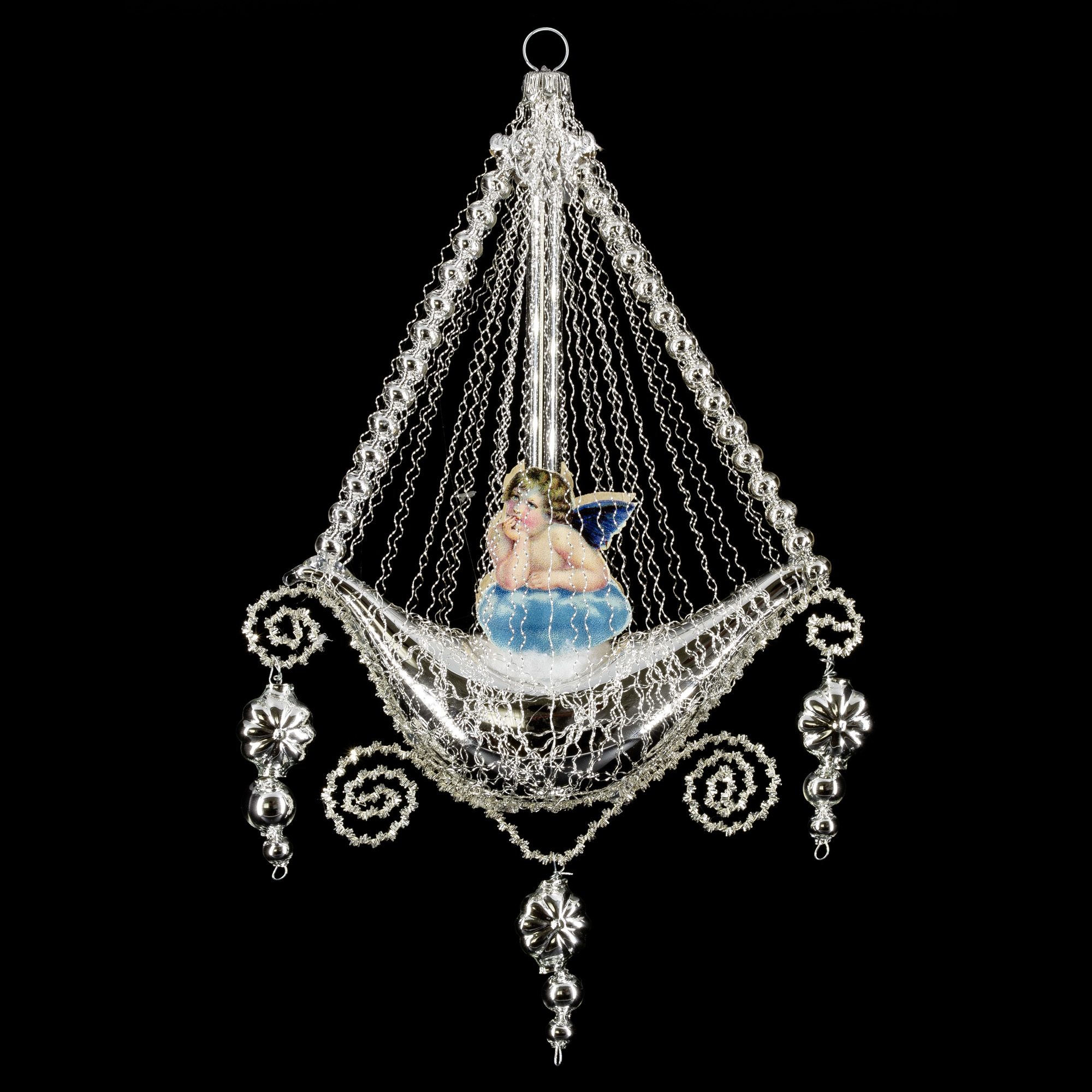 Gondel mit 2 Engel-Oblaten, Kantille und Perlenhänger, silber