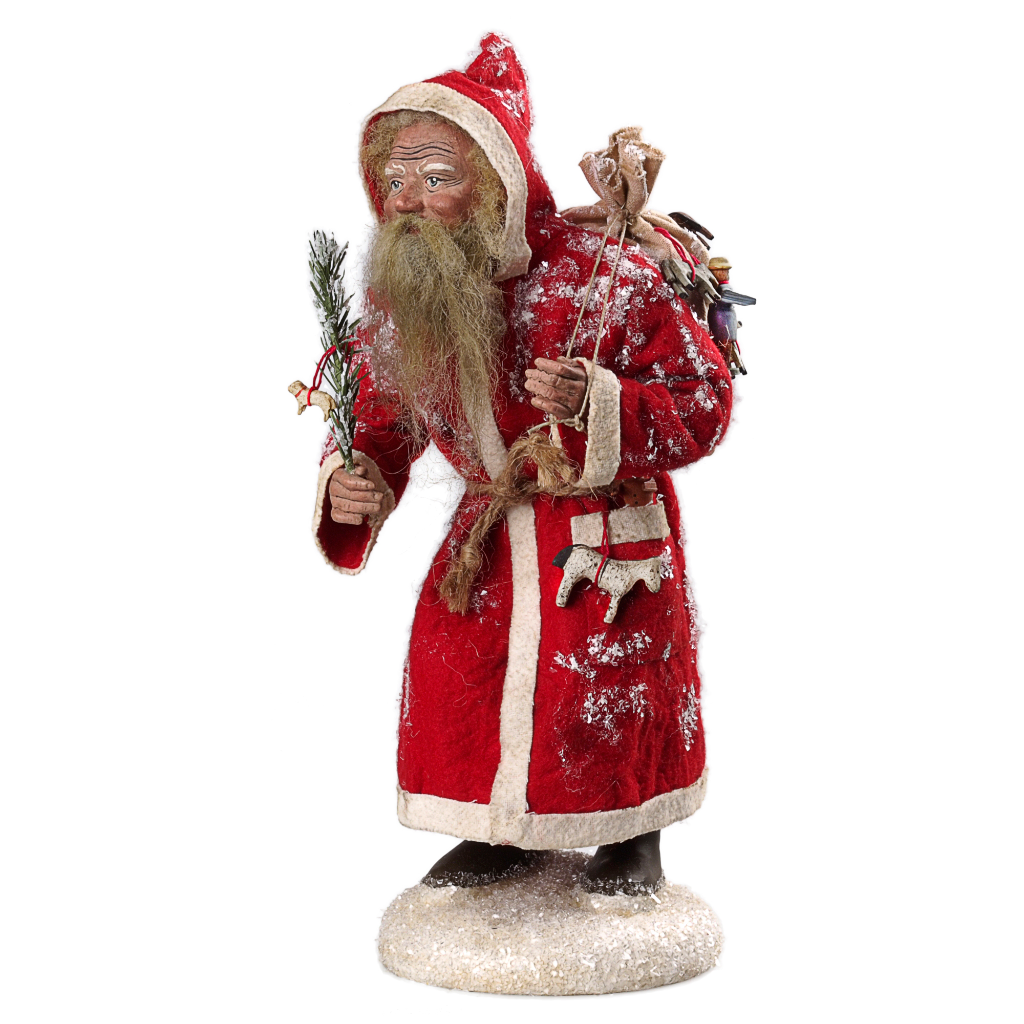 Weihnachtsmann mit rotem Filzmantel, Sack und Spielzeug, in Holzbox