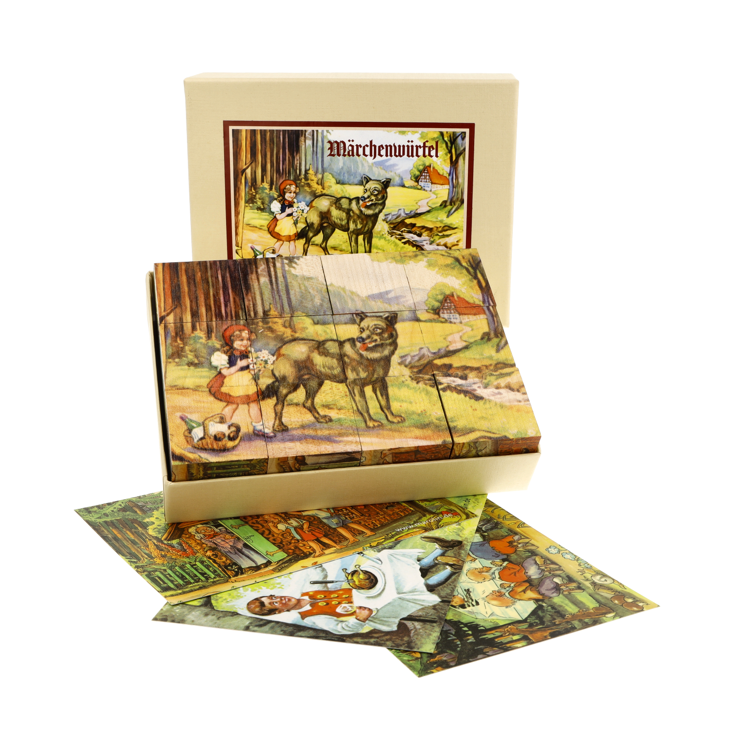 Würfelpuzzle aus Holz mit Märchen - Motiven der Gebrüder Grimm