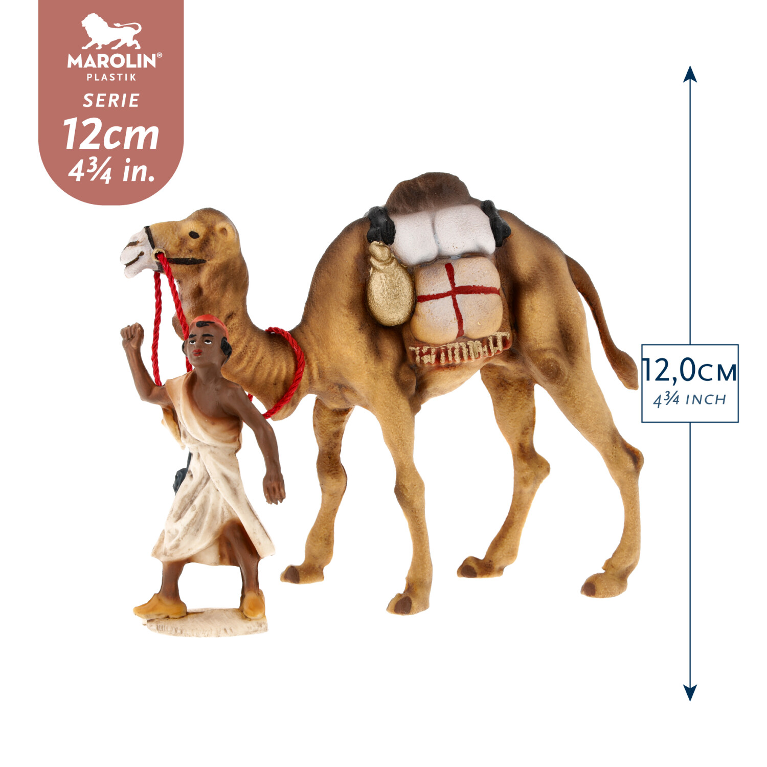 Kamel mit Gepäck und Treiber, zu 12cm Fig. (Kunststoff)  - Marolin Plastik - Krippenfigur aus Kunststoff - made in Germany