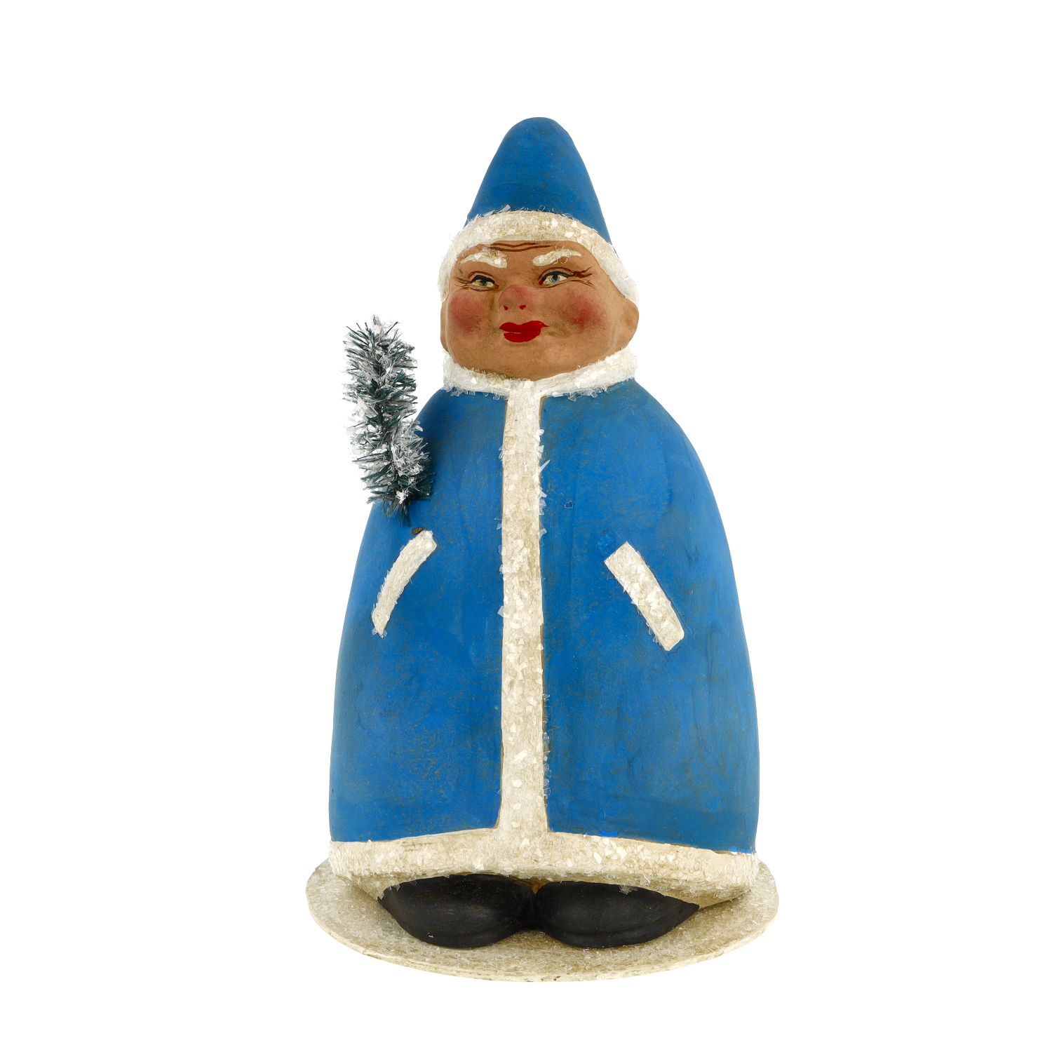 Weihnachts-Schelm mit spitzer Mütze auf rundem Pappsockel, befüllbar, H = 21cm, blau